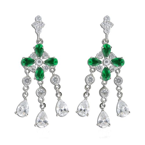 Sterling Silver Four Petal Flower with Emerald Green CZ and Clear CZ Drop Earrings