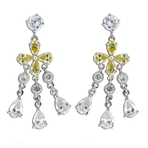 Sterling Silver Four Petal Flower with Citrine Yellow CZ and Clear CZ Drop Earrings