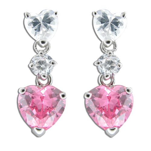 Sterling Silver Clear and Pink Tourmaline CZ Double Heart Drop Earrings