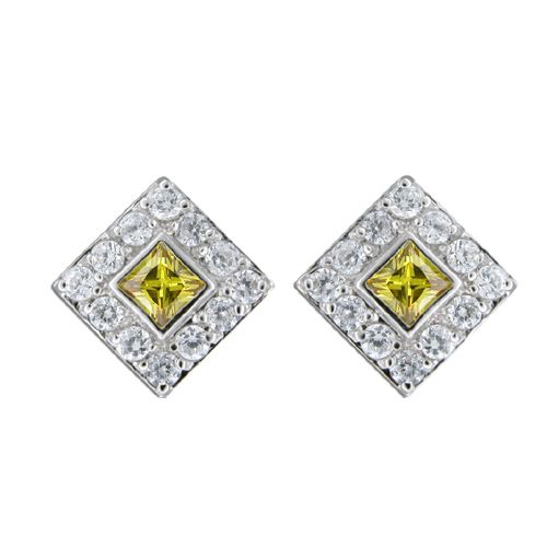 Sterling Silver Rhombus Citrine Yellow CZ with Channel Set Clear CZ Earrings 