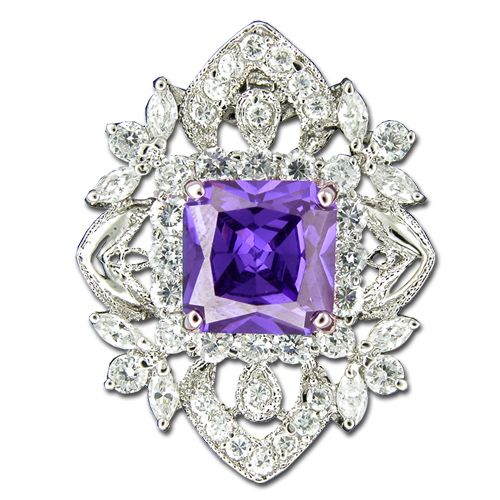 Sterling Silver Badge Design with Square-Cut Amethyst Purple CZ Pendant 