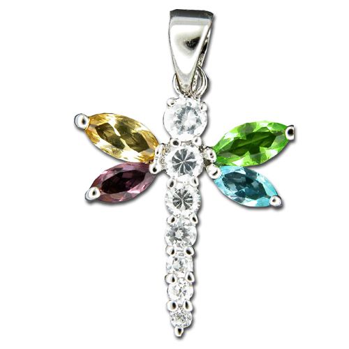 Sterling Silver Dragonfly Shaped Multi-Color CZ Pendant 