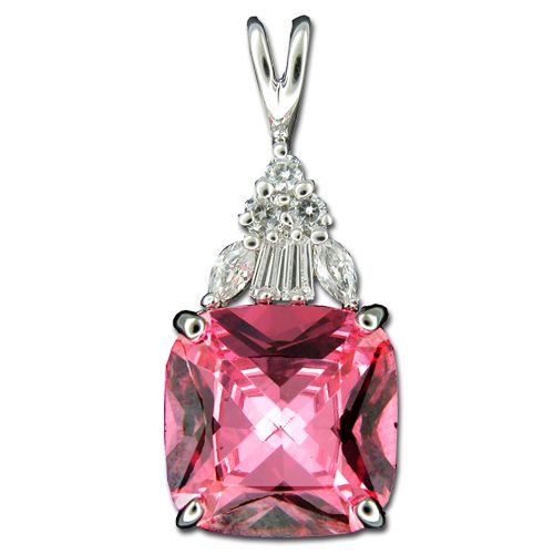 Sterling Silver Clear CZ Fancy Bail and Squircle-Shaped Pink Tourmaline CZ Pendant 