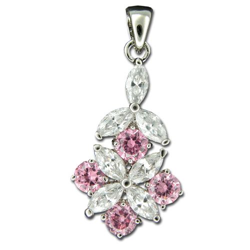 Sterling Silver Flower Design with Clear and Pink Tourmaline CZ Pendant 