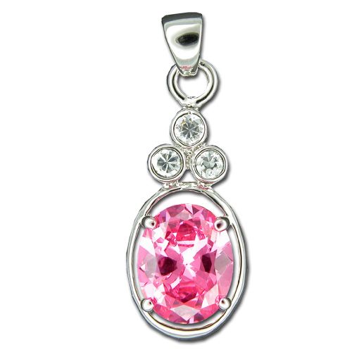 Sterling Silver Pink Tourmaline CZ in an Oval with Clear CZ Pendant 