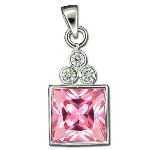 Sterling Silver Square-Cut Pink Tourmaline CZ with Clear CZ Pendant 