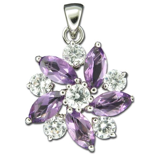 Sterling Silver Flower Design with Clear and Amethyst Purple CZ Pendant