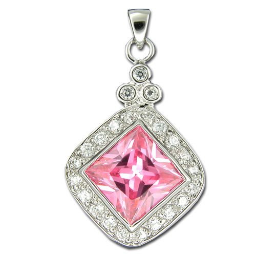 Sterling Silver Square-Cut Pink Tourmaline CZ with Channel Set Clear CZ Pendant 