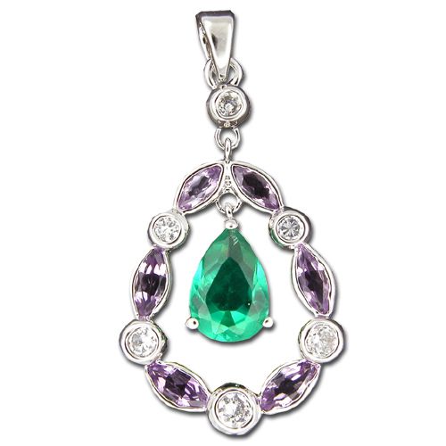 Sterling Silver CZ Leis with Tear Drop Shaped Emerald Green CZ Pendant