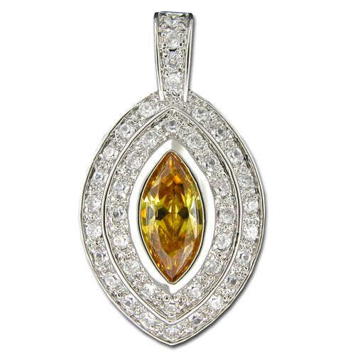 Sterling Silver Marquise Shaped Citrine Yellow CZ with Channel Set Clear CZ Pendant