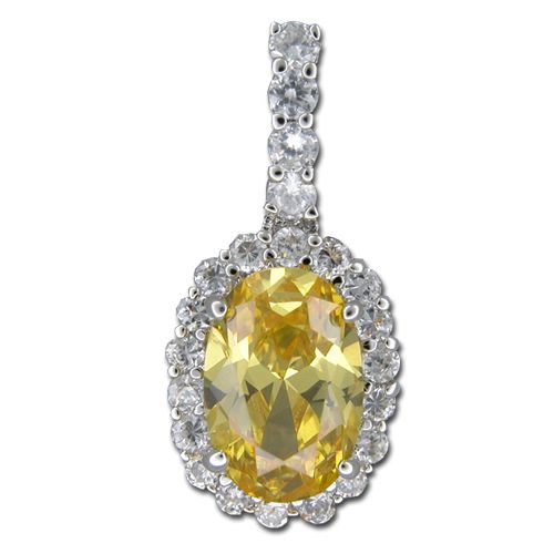 Sterling Silver Oval Shaped Citrine Yellow CZ and Clear CZ Pendant 