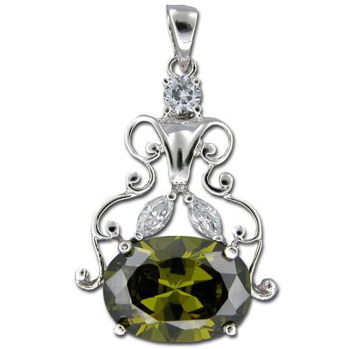 Sterling Silver Scroll with Clear and Periot Green CZ Pendant 