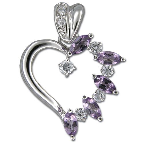 Sterling Silver Fancy Heart with Amethyst Purple CZ Pendant 