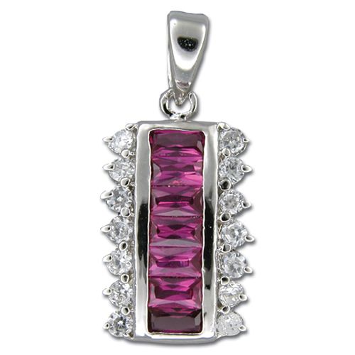 Sterling Silver Bar with Clear CZ and Ruby Red CZ Pendant 