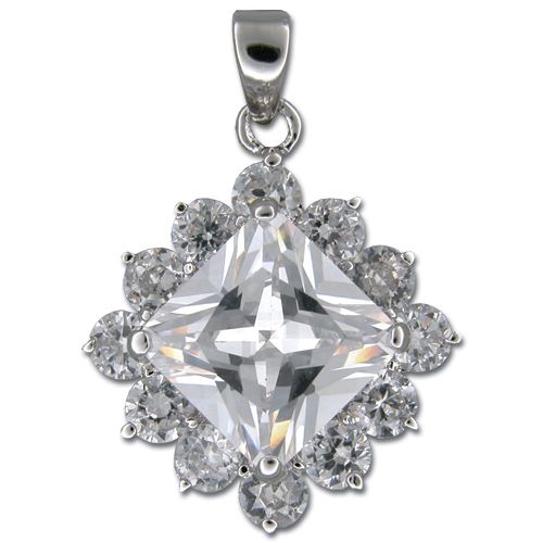 Sterling Silver Flower Design with Square-Cut Clear CZ Pendant 