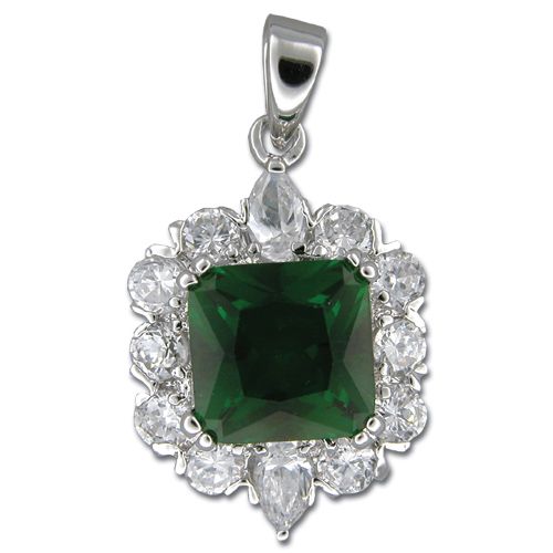 Sterling Silver Vintage Design Square Cut Emerald Green CZ with Clear CZ Pendant