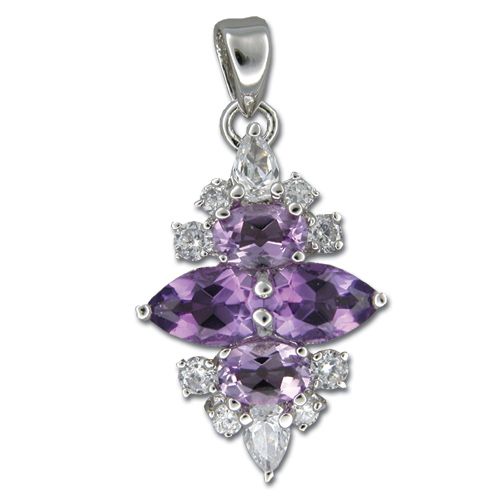 Sterling Silver Vintage Flower Design with Clear and Amethyst Purple CZ Pendant 