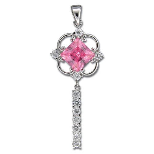 Sterling Silver Lucky Four-Leaf Clover with Clear and Tourmaline Pink CZ Drop Pendant