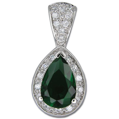 Sterling Silver Tear Drop Shaped Emerald Green CZ with Channel Set Clear CZ Pendant 