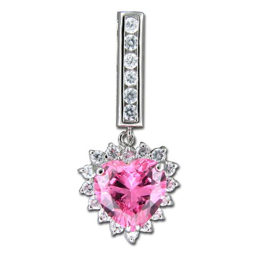 Sterling Silver Heart Shaped Pink Tourmaline CZ with Clear CZ Drop Pendant