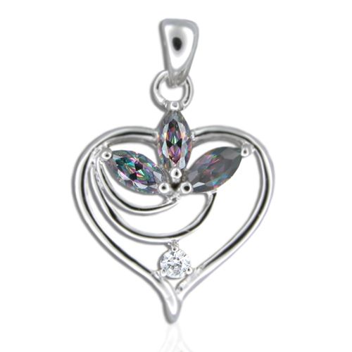 Sterling Silver Heart Vine with Clear and Mystic Topaz Color CZ Pendant 