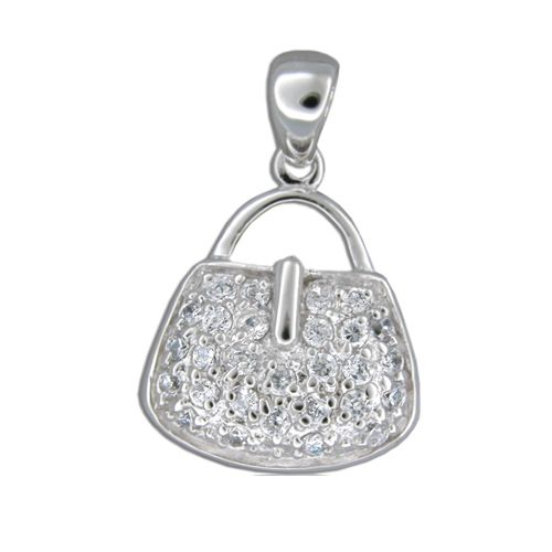 Sterling Silver Purse Design with Clear CZ Pendant 