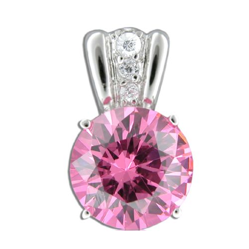 Sterling Silver Round-Cut Pink Tourmaline CZ with Clear CZ Pendant