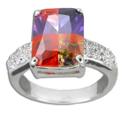 Sterling Silver Square-Cut Rainbow Color CZ with Clear CZ Band Ring