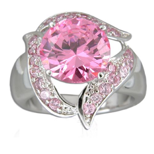 Sterling Silver Swirl Design with Round-Cut Pink Tourmaline CZ Ring