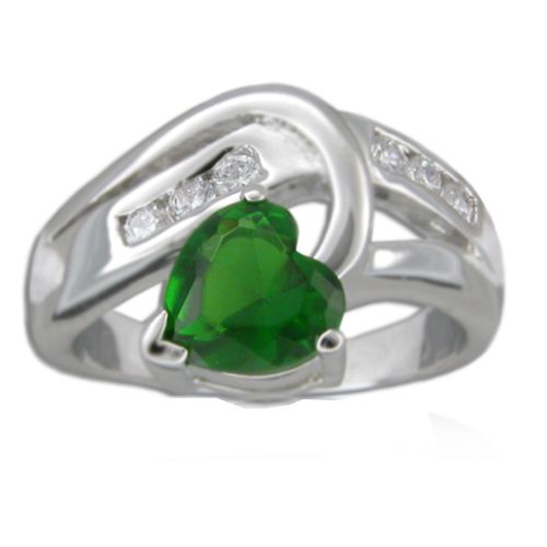 Sterling Silver Emerald Green CZ with Channel Set Clear CZ Ring