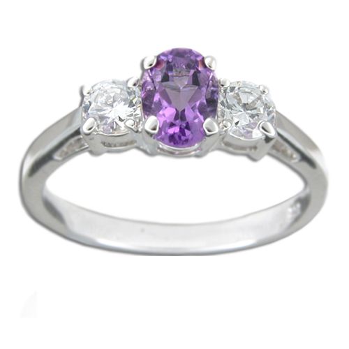 Sterling Silver Oval Shaped Amethyst Purple CZ with Clear CZ Ring 