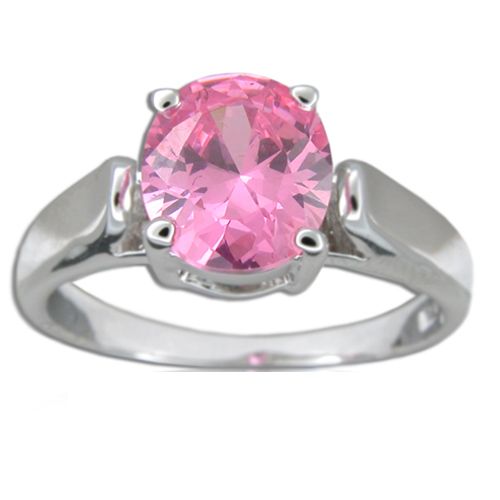 Sterling Silver Oval Shaped Pink Tourmaline CZ Ring 