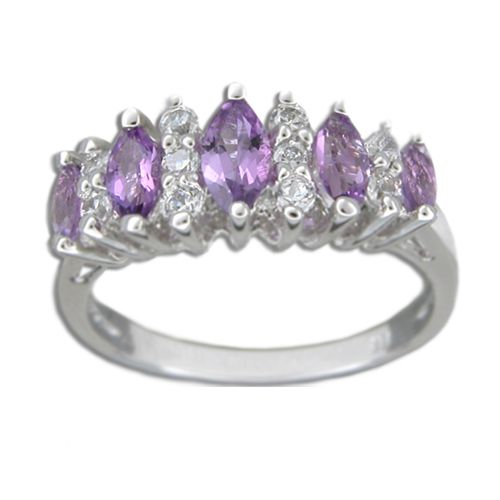 Sterling Silver Marquise Shaped Amethyst Purple CZ and Clear CZ Ring 