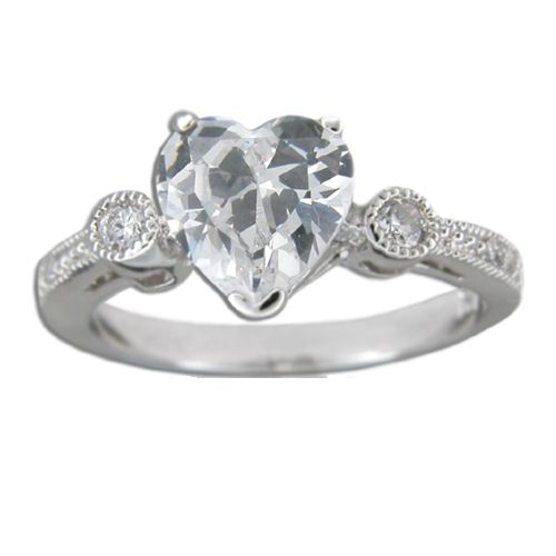 Sterling Silver Heart Shaped Clear CZ with Channel Set Clear CZ Ring 