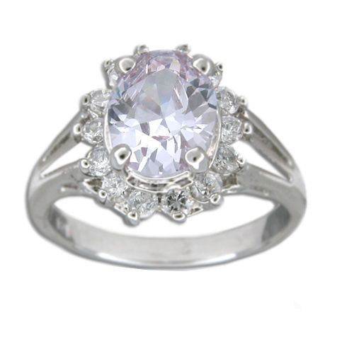 Sterling Silver Oval Shaped Lavender Amethyst Purple CZ with Clear CZ Ring