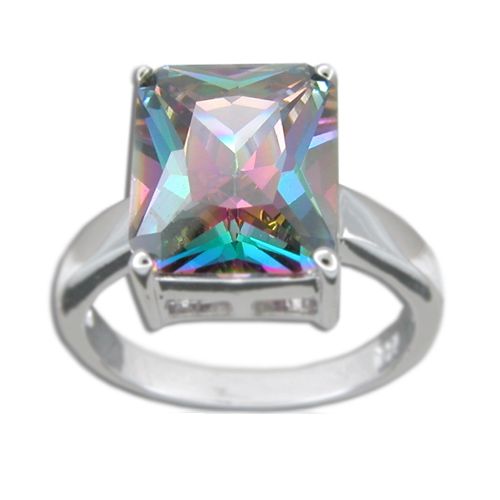 Sterling Silver Rectangular Shaped Mystic Topaz  Color CZ Ring