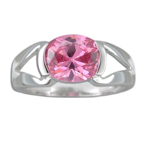 Sterling Silver Clasp Design Oval Shaped Pink Tourmaline CZ Ring