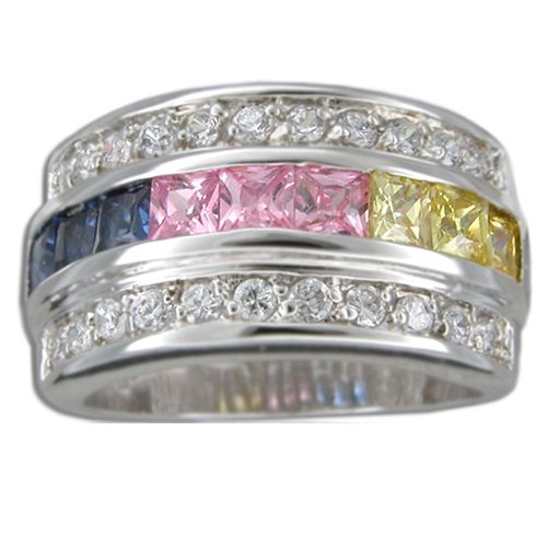 Sterling Silver Channel Set Multi-Color CZ Thick Band Ring