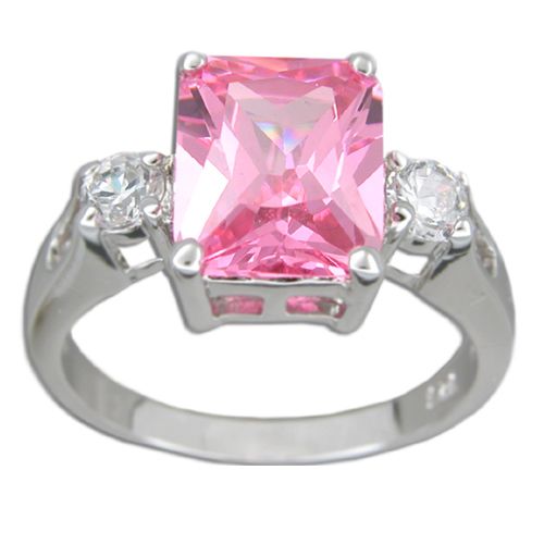 Sterling Silver Rectangular Shaped Pink Tourmaline CZ with Clear CZ Ring
