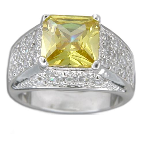 Sterling Silver Vintage Design with Square-Cut Citrine Yellow CZ Ring 