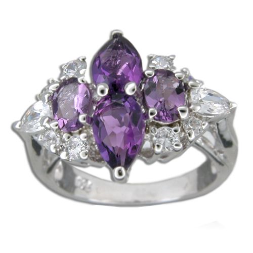 Sterling Silver Flower Design Amethyst Purple CZ with Clear CZ Ring