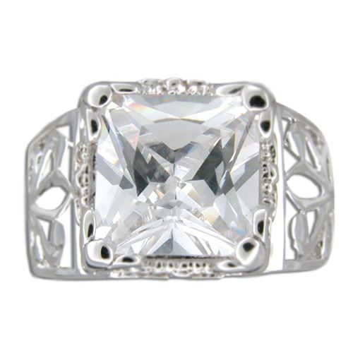Sterling Silver Cut-In Vintage Design with Square-Cut Clear CZ Ring 