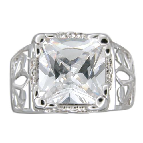 Sterling Silver Cut-In Vintage Design with Square-Cut Clear CZ Ring