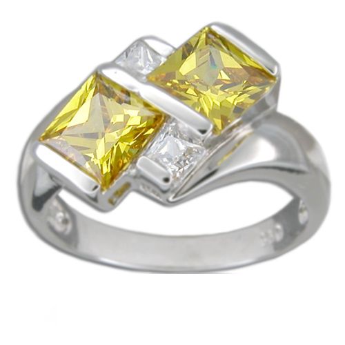 Sterling Silver Square Cut Citrine Yellow and Clear CZ Symmetrical Ring  