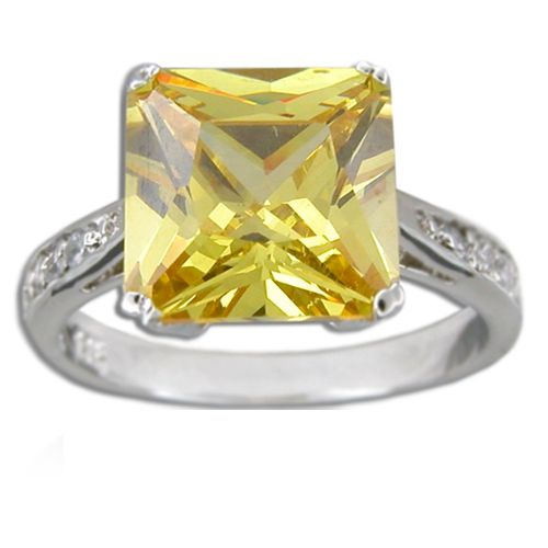 Sterling Silver Channel Set Clear CZ with Square-Cut Citrine Yellow CZ Ring 