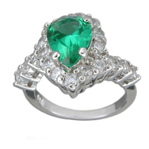 Sterling Silver Tear Drop Shaped Emerald Green CZ with Clear CZ Ring