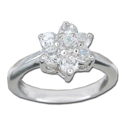 Sterling Silver Flower Design with Clear CZ Ring 