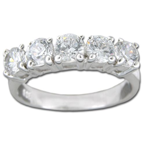 Sterling Silver Five Stone Round-Cut Clear CZ Ring