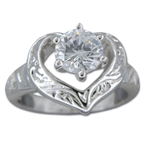 Sterling Silver Round-Cut Clear CZ in Hand Carved Heart Ring 