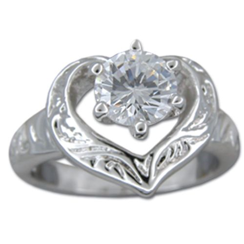 Sterling Silver Round-Cut Clear CZ in Hand Carved Heart Ring